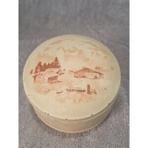 Vintage Reuge Swiss Music Box Round Tin Cottage Scene- Good Vintage Condition